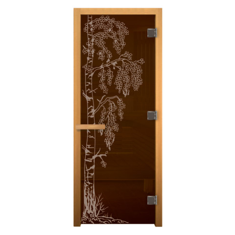 Дверь стекло БРОНЗА 1900x700 (мат.) 8мм 3 петли рис. БЕРЕЗКА правая (осина) 