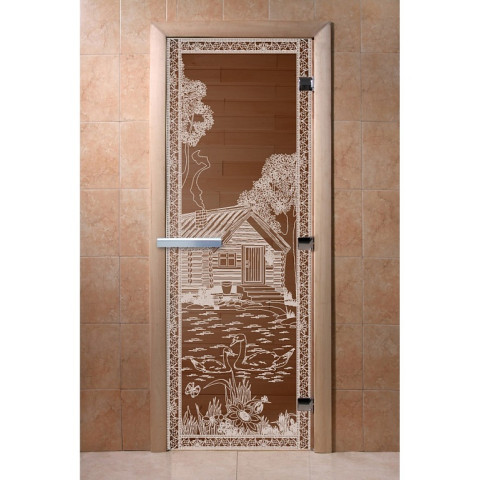 Дверь стекло БРОНЗА 1800x700 8мм 3 петли DoorWood рис. Банька в лесу прав с порогом